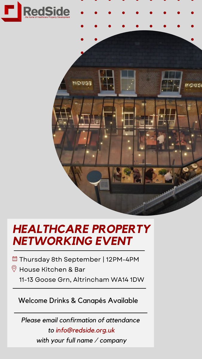 <a href="/RedSideCapital/">RedSide</a> are hosting a free networking event for anyone in the #property sector <a href="/housekitchenbar/">House Kitchen & Bar</a> in #altrincham on Thursday 8th September 12pm-4pm.

Should you wish to attend please email info@redside.org.uk