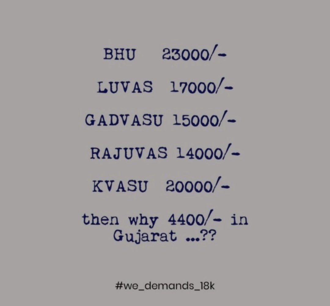 We demand increase stipend allowance of #Veterinarians as par with the #medicos.
When the High court says that Vets are no different from other medical officers. then why are you doing this discrimination
<a href="/CMOGuj/">CMO Gujarat</a> <a href="/RaghavjiPatel/">Raghavji Patel</a> <a href="/PMOIndia/">PMO India</a> <a href="/KanuDesai180/">Kanu Desai</a>
#increase_Guj_Vet_Stipend