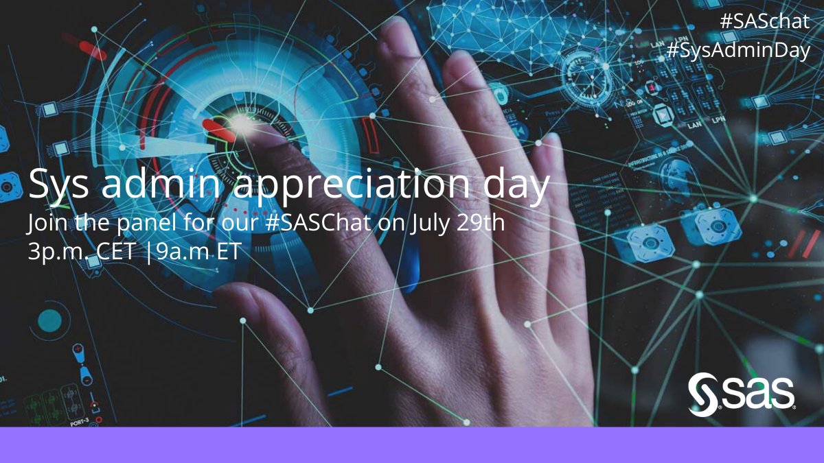 sasforums's tweet photo. Next #SASchat is coming on Friday! Join this panel to explore the many roles of a sys admin and express your appreciate for the varied roles and responsibilities they carry. #SysAdminDay https://t.co/U4cnF72t7e https://t.co/KqDjCiV3G3