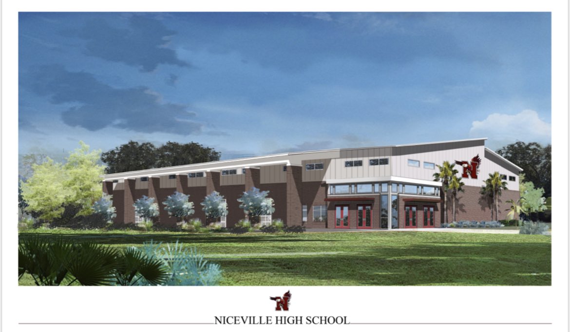 Final rendering of the new NHS multipurpose facility!! Starting soon, the east side of Old Coastal Road will be closed. Traffic will only be able to enter Old Coastal from the west side of Hwy 285. 
Closing this area is due to needing staging space for this build.
GO EAGLES 🦅