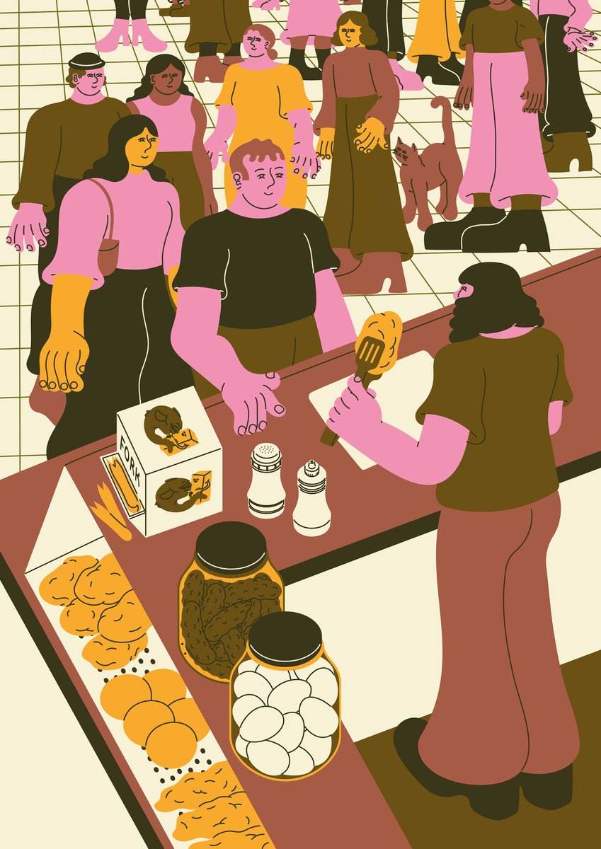 Illustration for an article in <a href="/PitmagazineUK/">Pit magazine</a> where <a href="/sampriestley/">sampriestley</a> writes about the superiority of the Sheffield fishcake and her Nannas popular chip shop.
AD - @hollycatford
#illustration #sheffieldfishcake #chippy #fishandchips
