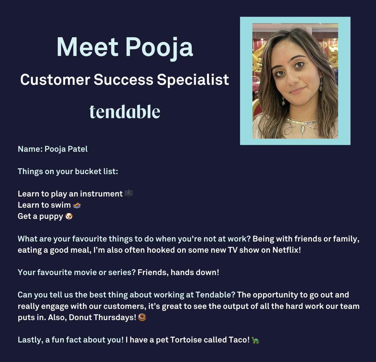 WeAreTendable's tweet photo. You know what day is it?
 It's #TEAMTENDABLE Tuesday!

And today, we have the one, the only, Pooja Patel!

#meettheteam #team #teamtendable https://t.co/adYoi1bc3v