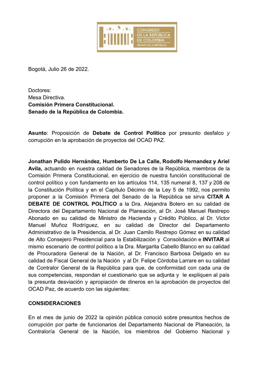 JotaPeHernandez's tweet photo. Hoy radicaremos nuestro primer debate de control político por presunta corrupción en OCAD Paz. Siete entidades deben venir a @SenadoGovCo a explicar qué pasó con casi 8billones de pesos

Haremos este debate junto a @DeLaCalleHum @ingrodolfohdez y @ArielAnaliza en Comisión Primera https://t.co/Ugzz0WxEZ4