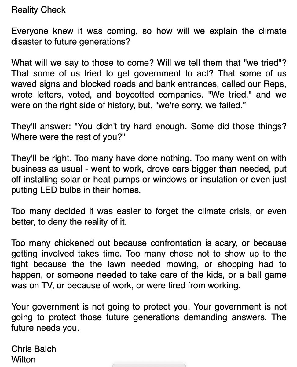 Please consider writing to YOUR local or state paper. Feel free to steal any part or all of this (submitted widely in NH).

#ClimateCrisis 
@350 @ECOWARRIORSS @ProtectingTerra @IENearth @EcocideLaw @riversnetwork @human_water @XRebellionUK @Gidimten @Money_Rebellion @RoadsXR