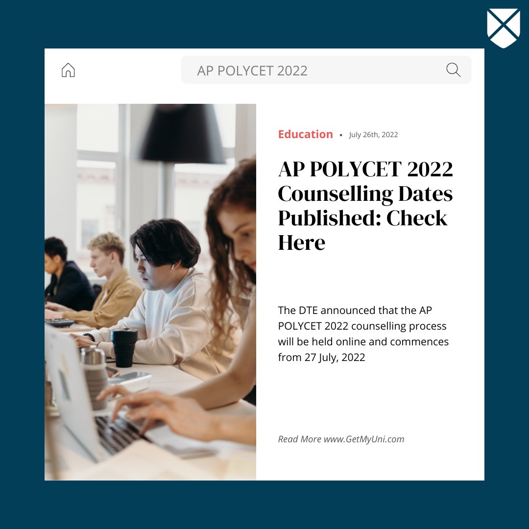 getmyuniedu's tweet photo. The DTE announced that the AP POLYCET 2022 counselling process will be held online and commences from 27 July, 2022.

Read more at:
https://t.co/UbWdInWsoG

#AndhraPradesh #APPOLYCET #POLYCET #CET #india #education #exams2022 #counselling https://t.co/AeZYjcTyvN