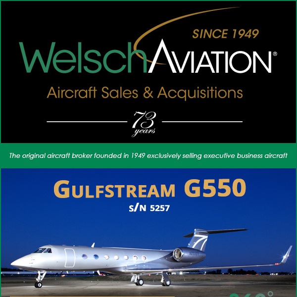 Stunning #Gulfstream #G550 now available at Welsch Aviation
One owner since new
Always US based
More details at:  
#bizjet #bizav #aircraftforsale #privatejet #privateflying #jetforsale #businessaviation 