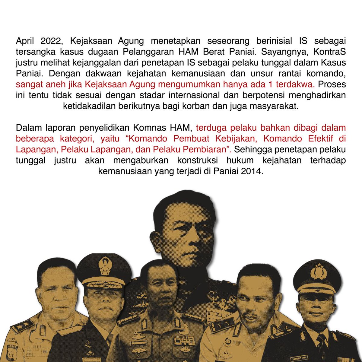 KontraS (@kontras) on Twitter photo Di balik penetapan tersangka tunggal dlm Kasus Pelanggaran HAM Berat Paniai 2014 yang berinisial IS oleh <a href="/KejaksaanRI/">Kejaksaan RI</a>, ternyata ada sederet nama dari pejabat tinggi TNI dan Polri yang semestinya juga turut dimintai pertanggungjawaban atas Tragedi #PaniaiBerdarah
#MasihIngat Di balik penetapan tersangka tunggal dlm Kasus Pelanggaran HAM Berat Paniai 2014 yang berinisial IS oleh <a href="/KejaksaanRI/">Kejaksaan RI</a>, ternyata ada sederet nama dari pejabat tinggi TNI dan Polri yang semestinya juga turut dimintai pertanggungjawaban atas Tragedi #PaniaiBerdarah
#MasihIngat