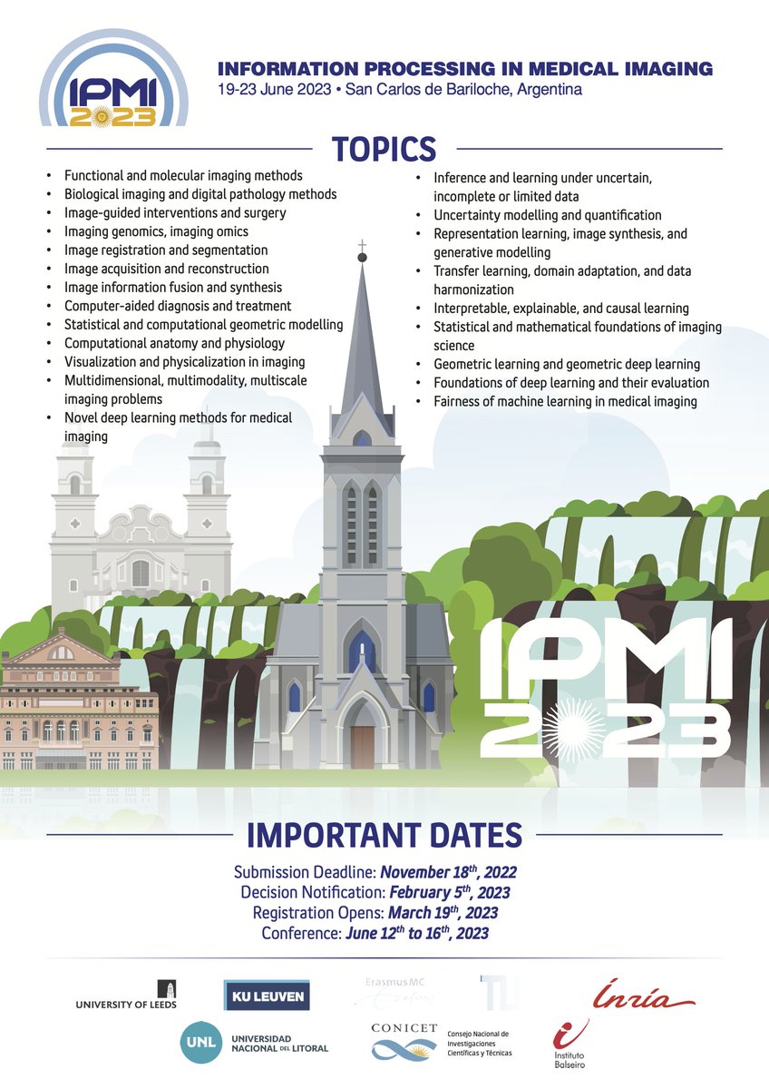 Working on medical imaging? Eager to share new work in a premier conference in medical imaging. Even better doing it in retreat-like environment in the Argentine Andes?
Come to #IPMI2023! Submission deadline: November 18th, 2022. ipmi2023.org