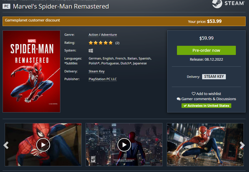 Wario64 on X: Marvel's Spider-Man Remastered (Steam) preorder is $53.99 at  Gamesplanet (must be logged in to get the discount)   #ad  / X