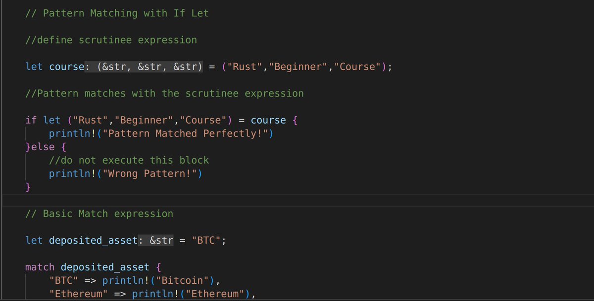 mychcoder's tweet image. Day 18 of #100DaysOfCode 

Learned about pattern matching using a defined scrutinee expression or simply using a value assigned to a variable.

Also learned how to match patterns to a result variable.

Next: Comparison of the different conditional constructs. 

#Rust 
#rustlang