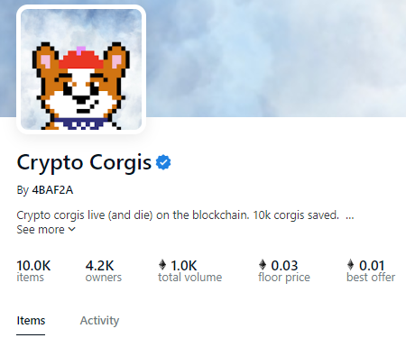 Only 377 <a href="/crypto_corgis/">CryptoCorgis</a> for sale (3.7% total supply)
First ever dog NFTs