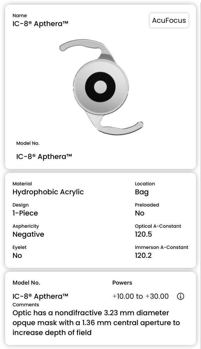 IOLReference's tweet image. Big update today as well include the @AcuFocusInc Small Aperture IC 8 IOL. We also improved the interface for the web based directory for Android users. Visit: iolreference.com

#Ophthalmology #Ophthotwitter