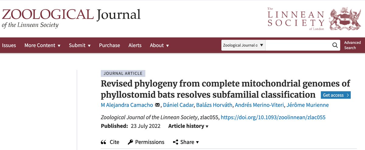 Here is the first publication of my PhD thesis. The results show a statistically sound proposal of the evolutionary relationships between phyllostomid subfamilies and clarify uncertain relationships at that level. A super collaboration between <a href="/cienciapuce/">Ciencia PUCE</a>, <a href="/EDB_Lab/">Évolution & Diversité Biologique</a> and @BNITM_de