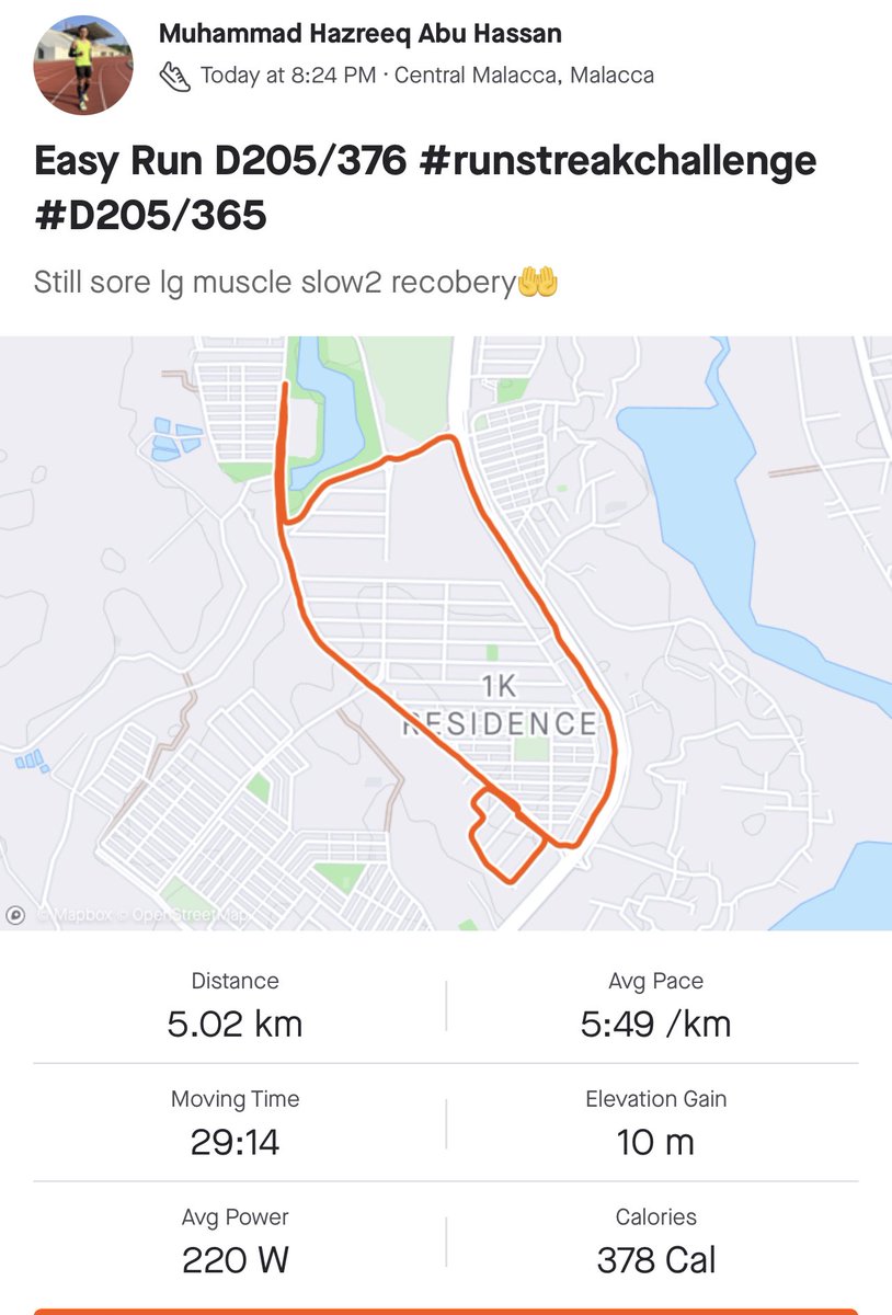 hazreeq88's tweet photo. Easy Run D205/376 #runstreakchallenge #D205/365
Still sore lg muscle slow2 recobery๐คฒ https://t.co/M6acUBjHUf