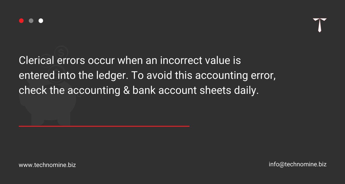 Clerical errors occurs when an incorrect value is entered in the ledger. To correct the errors, you must first reverse the incorrect amount and then enter the correct amount. 

#ClericalErrors #AccountingProblems #AccountingErrors #OutsourcedAccounting #OutsourceERPServices