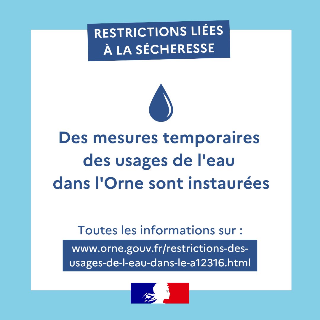 #SÉCHERESSE | 💧 𝐃𝐚𝐧𝐬 𝐥'𝐎𝐫𝐧𝐞, 𝐝𝐞𝐬 𝐦𝐞𝐬𝐮𝐫𝐞𝐬 𝐭𝐞𝐦𝐩𝐨𝐫𝐚𝐢𝐫𝐞𝐬 𝐝𝐞𝐬 𝐮𝐬𝐚𝐠𝐞𝐬 𝐝𝐞 𝐥'𝐞𝐚𝐮 𝐬𝐨𝐧𝐭 𝐢𝐧𝐬𝐭𝐚𝐮𝐫𝐞́𝐞𝐬. 
🔴 La situation de sécheresse continue à se dégrader et à s'étendre au vu de la faible pluviométrie de ce mois de juillet.