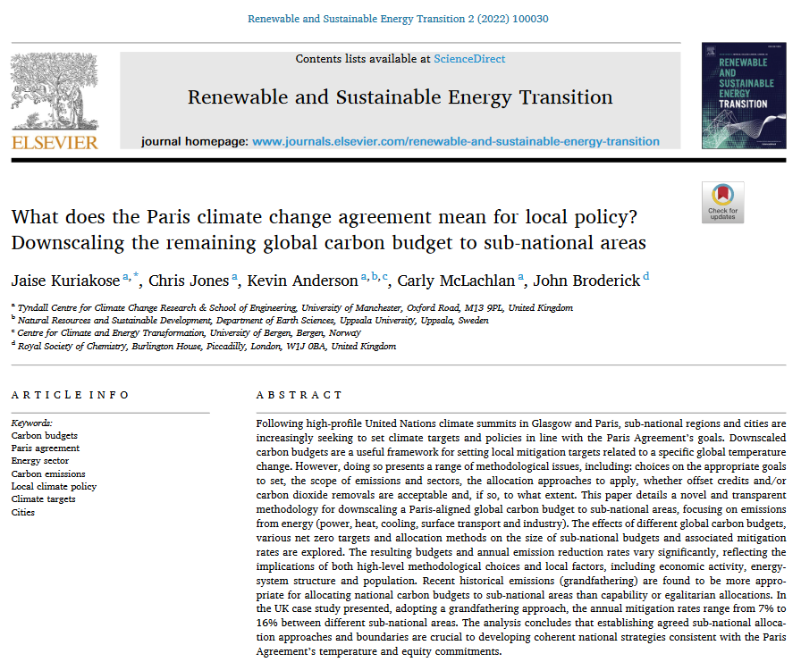 Our new paper details a novel and transparent methodology for downscaling Paris-aligned global carbon budget to sub-national areas, focusing on emissions from energy @KevinClimate @cwjonez @carlymclachlan @jf_broderick @TyndallManc @TyndallCentre @UoMNews @UoMPolicy @ElsevierNews