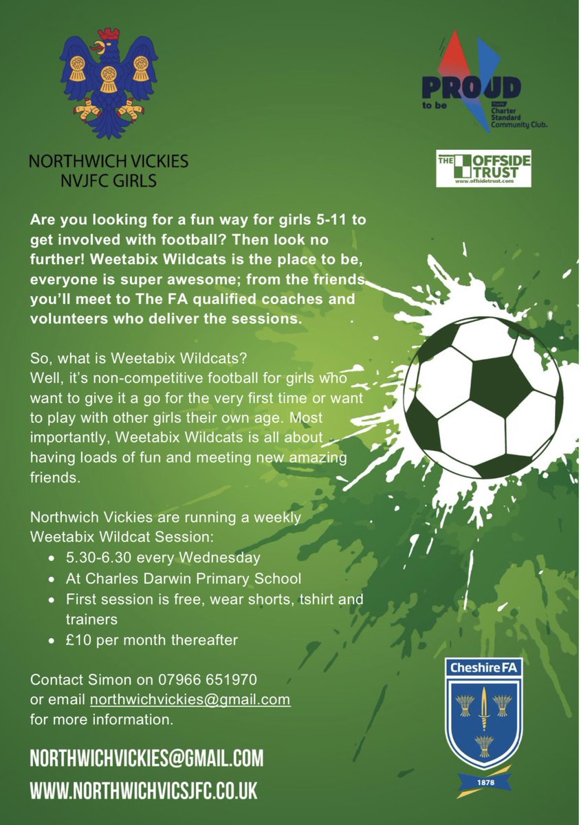 What better time for girls to be inspired to play football? All girls aged 5-11 are welcome to our Weetabix Wildcats sessions to develop skills, have fun &amp; join a team if they’d like to. Message Simon on 07966651970 to arrange a free trial session 5.30-6.30 Weds ⚽️💚🤍💚