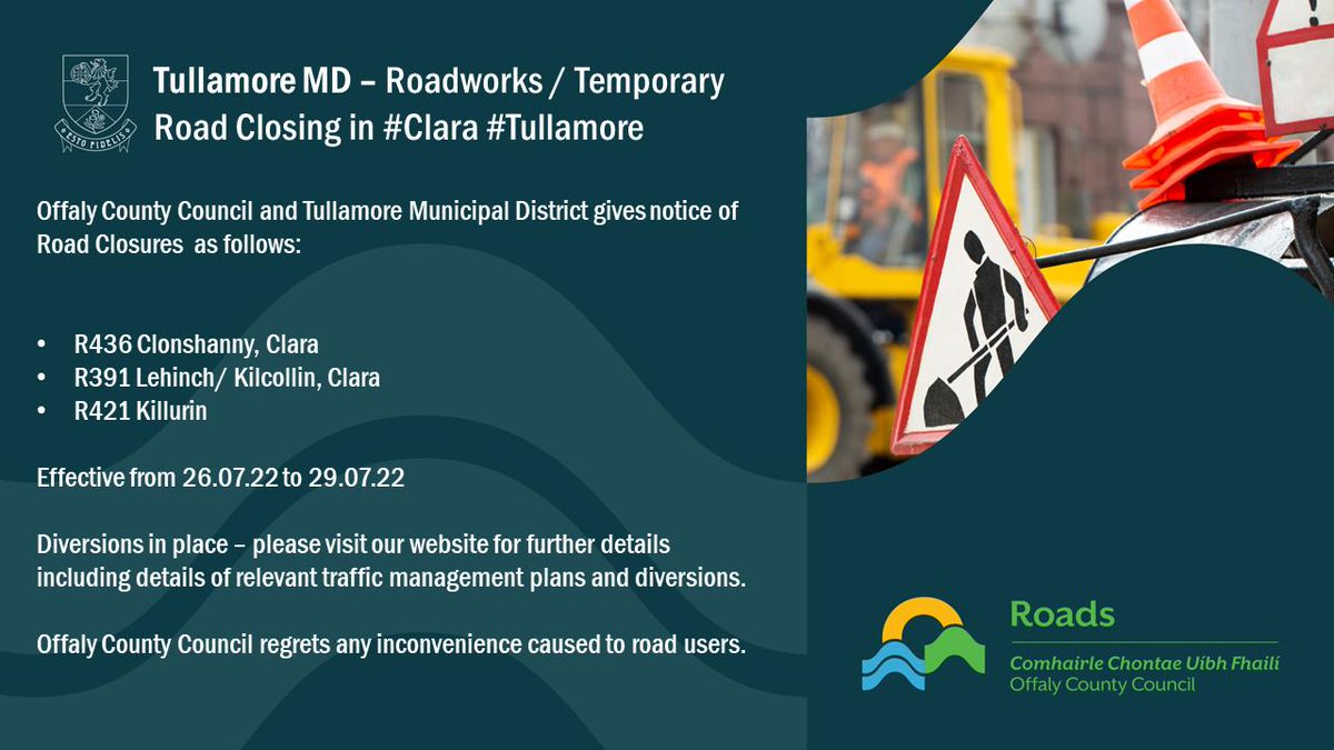 Please be aware that our 840 bus service from Tullamore to Banagher may experience some delays due to these roadworks 🚍🚧🛑🚦