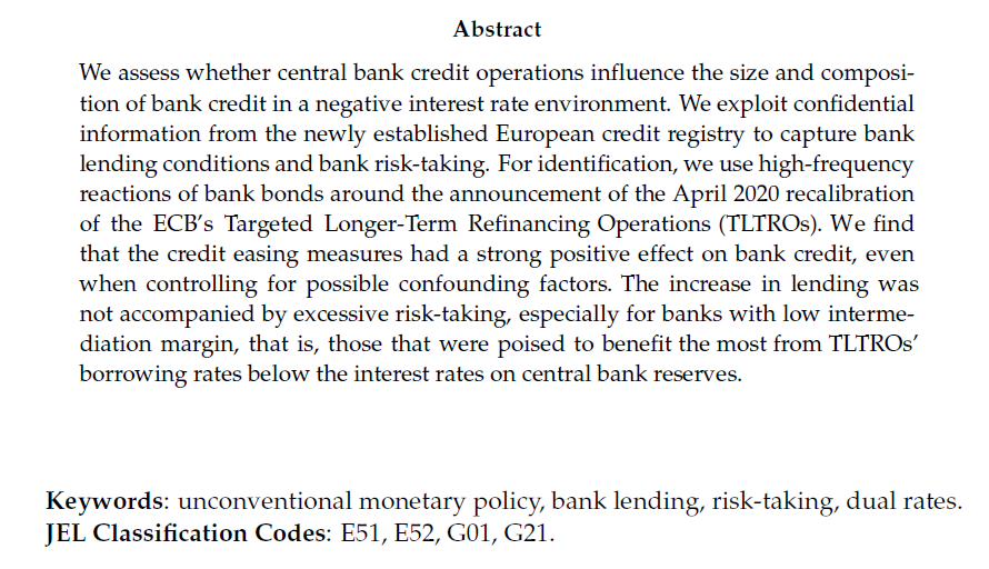 lorenzo_burlon's tweet photo. In a new paper with @f_barbiero, @MariaMDimou and Jan Toczynski, we find that dual-rate central bank funding enables credit easing without increased risk appetite:
https://t.co/bo4U7ZMIW5

#TLTRO #dualrates #NIRP #banking #monetarypolicy

🧵👇 https://t.co/XdhMRnkYTL