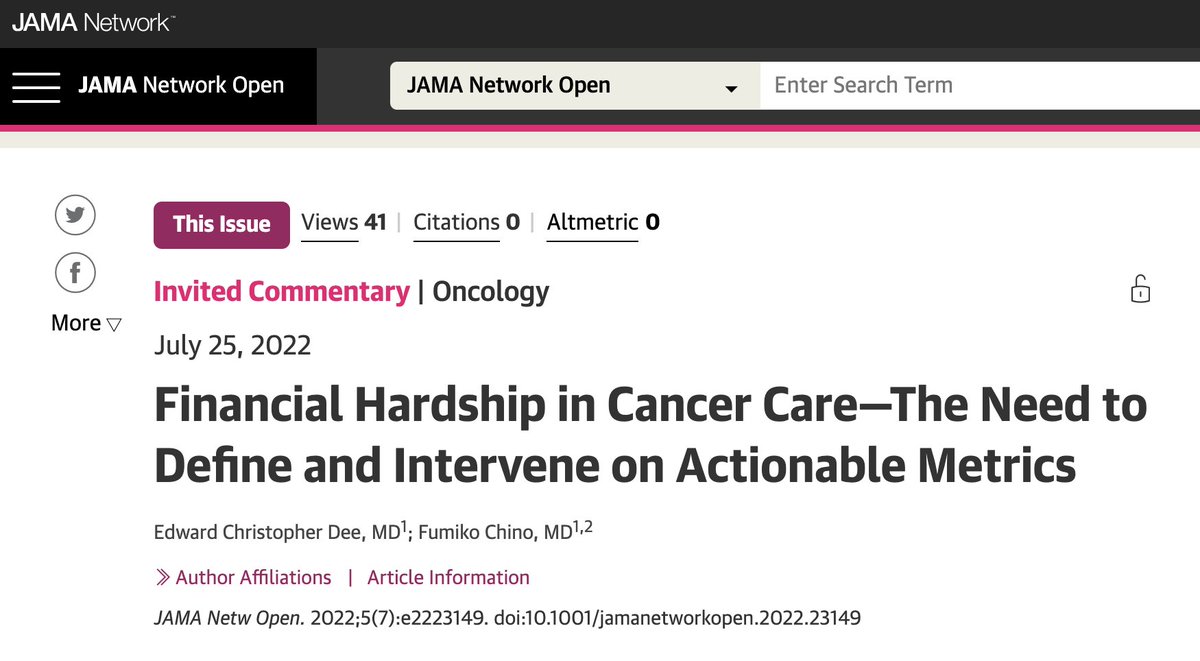 📝 #FinancialToxicity is significant for many people with #cancer. 👏👏👏 We must define #actionable metrics, implement #interventions, & promote #equity. Out in @JAMANetworkOpen on work by @Khera_Nandita-- I'm grateful to write with Dr @FumikoChino rb.gy/uelebs