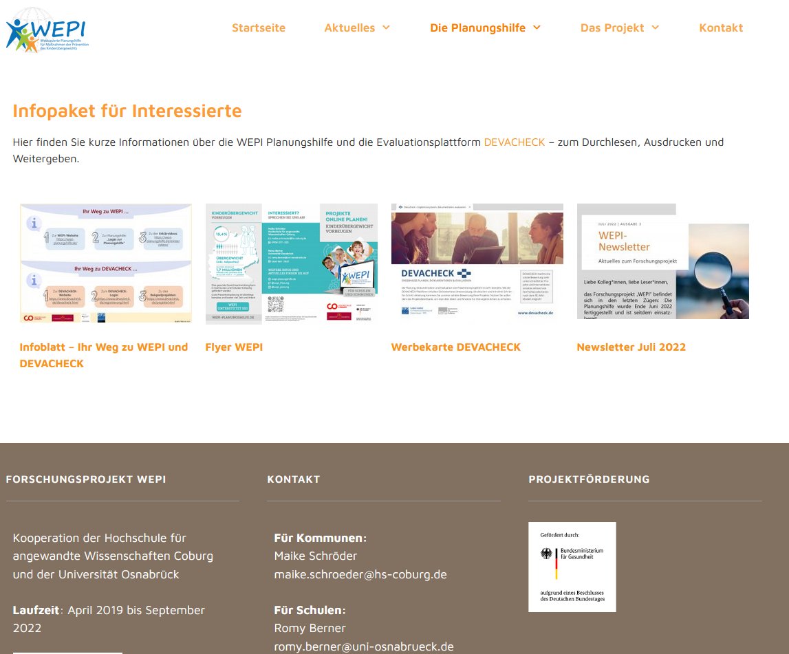 WEPI_Planung's tweet photo. Kurze Infoblätter zu WEPI und dem Evaluationstool Devacheck könnt ihr jetzt auf unserer Webseite unter dem Reiter "Infopaket" downloaden. Unter anderem sind dort der neue WEPI Flyer und der aktuelle Newsletter zu finden. 
Schaut doch mal rein🧐👉
https://t.co/M8YPGwTKQC. https://t.co/AYFmU6Xv3y