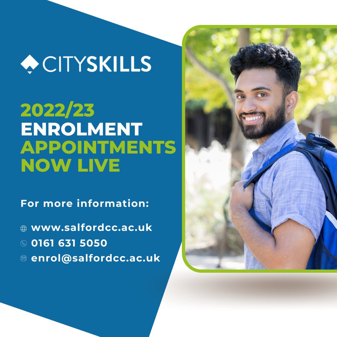 Important Enrolment Announcement 📣

Appointments for #enrolment have now been distributed. We look forward to welcoming you! If you have not yet received your appointment, please email enrol@salfordcc.ac.uk

#SalfordStudents #ResultsDay #College #ManchesterStudents #CitySkills