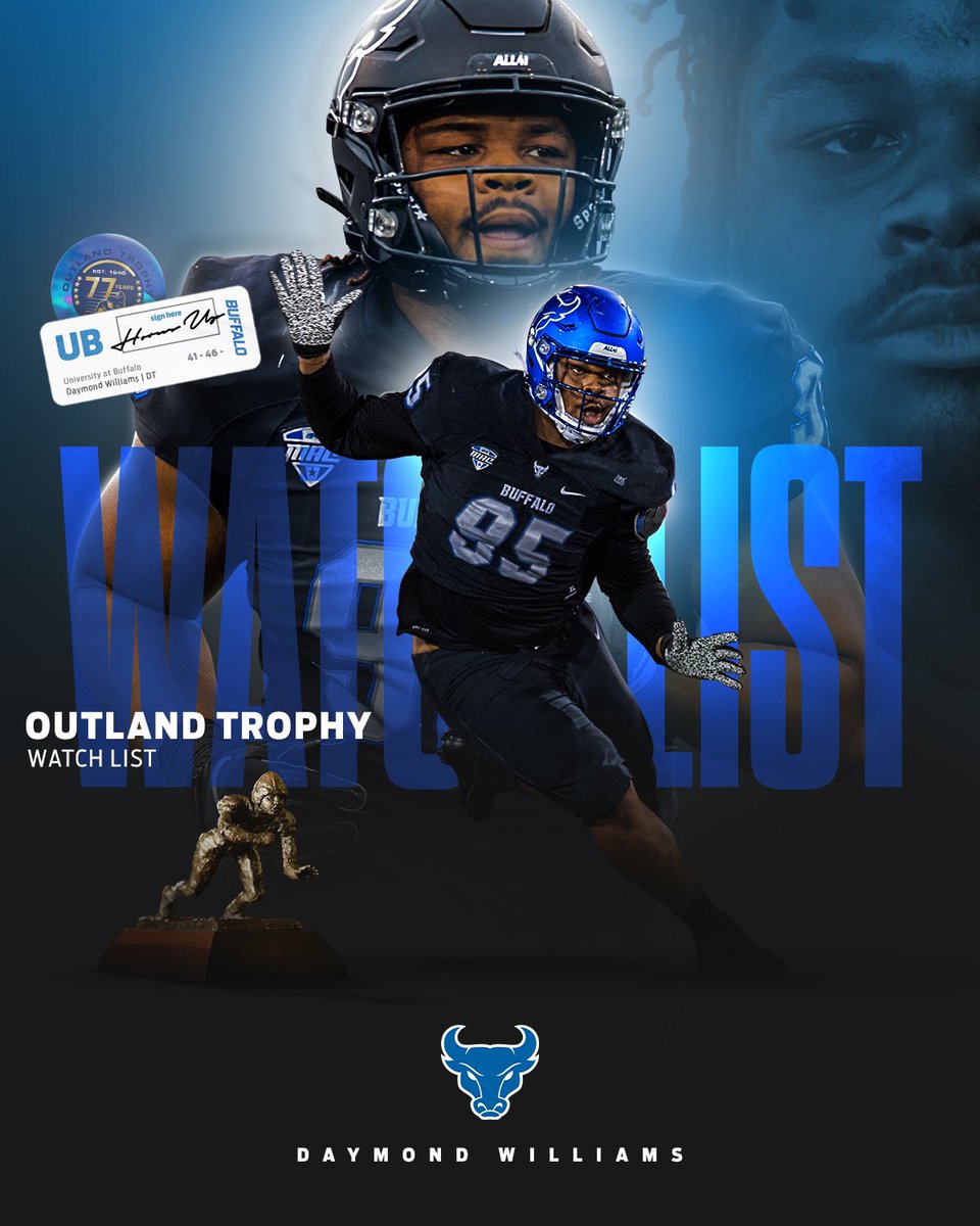 UBuffaloFB's tweet photo. 🚨 WATCH LIST ALERT 🚨

Congratulations to @Daymond_Will for being named to the @OutlandTrophy Watch List! 

🔗 https://t.co/ScyxrHJCQR 

#UBhornsUP | #PoundTheRock https://t.co/Xsoe6yg1vH