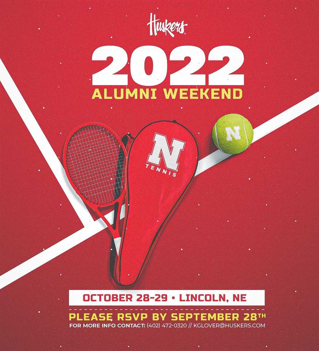 Join us in celebrating Alumni Weekend with @HuskersWTennis!

🗓: Oct. 28-29
📍: Lincoln, NE

Open to all tennis alumni &amp; family with a special recognition of the 2012-13 women's team for their historic season.

RSVP ➡️ go.unl.edu/ib2f
