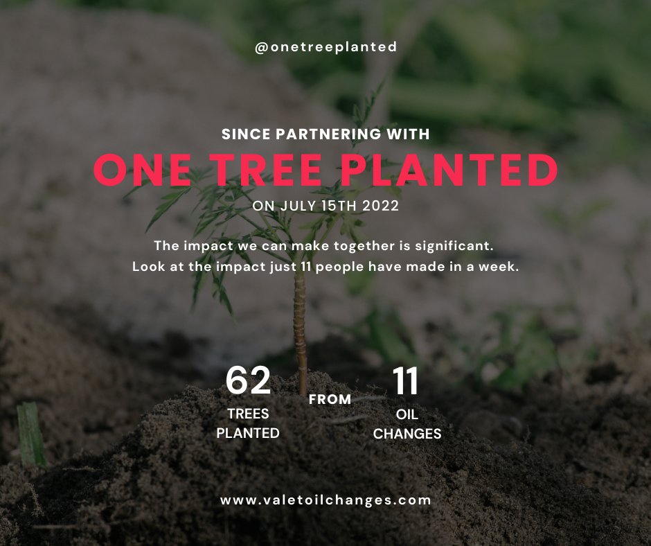 ValetOilChris's tweet photo. Your oil change can make a big difference!

Valet Oil Changes officially partnered with @onetreeplanted on July 15th. These stats are from just 7 days later on July 22nd. 

Learn more at:
https://t.co/mo0fx1cAun

#betheoilchange #oilchange #onetreeplanted
#valetoilchanges https://t.co/ruR8dwSECj