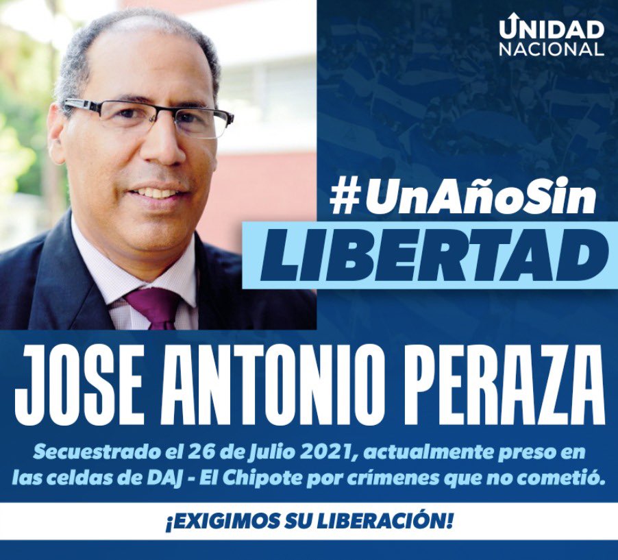 UnidadNic's tweet photo. Hoy se cumple un año de la detención arbitraria e injusta de José Antonio Peraza. ¡ES INOCENTE! 365 días de tratos crueles, inhumanos y degradantes. Exigimos su liberación inmediata y sin condiciones. #UnAñoSinLibertad https://t.co/OwCPBmpUl6