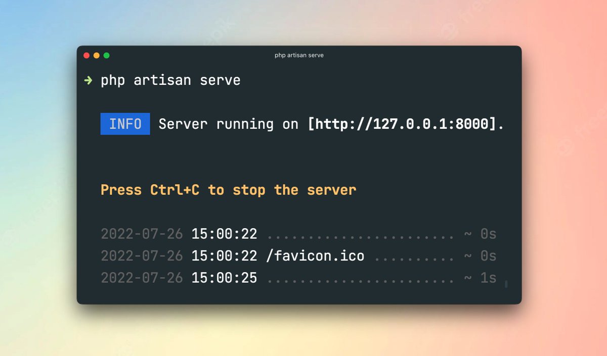 taylorotwell's tweet image. Today's Laravel release includes a couple of cool new features. 🔥
First, @enunomaduro has given the "php artisan serve" command a facelift. 💅
