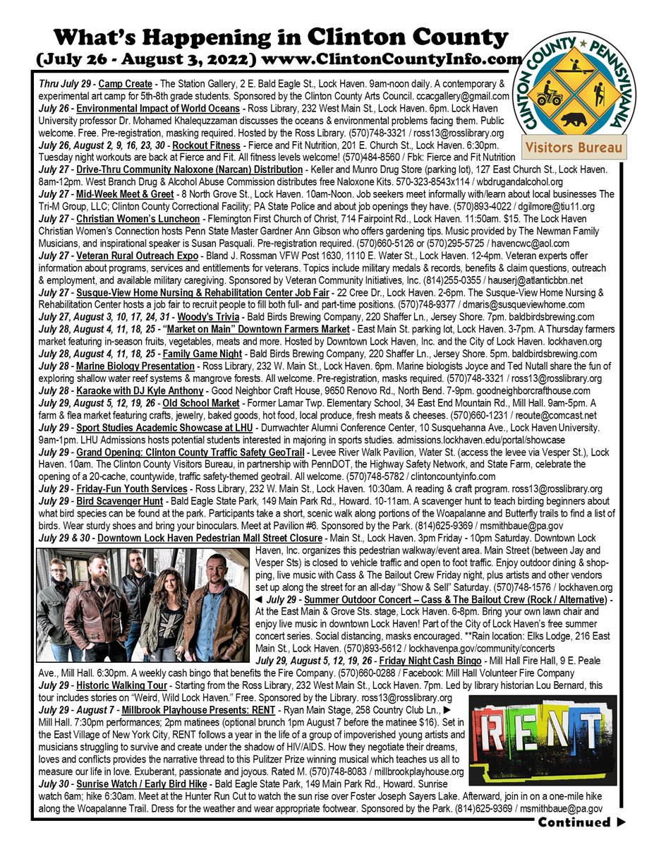 ClintonCountyPA's tweet photo. Hi, Clinton County fans! Attached is this week’s “What’s Happening” flyer! Please print, post and share. For a full Calendar of Events, visit our website at https://t.co/772rVwWwb4. We also have event info on our Explore Clinton County, PA Facebook page. https://t.co/KutSMWrlkD
