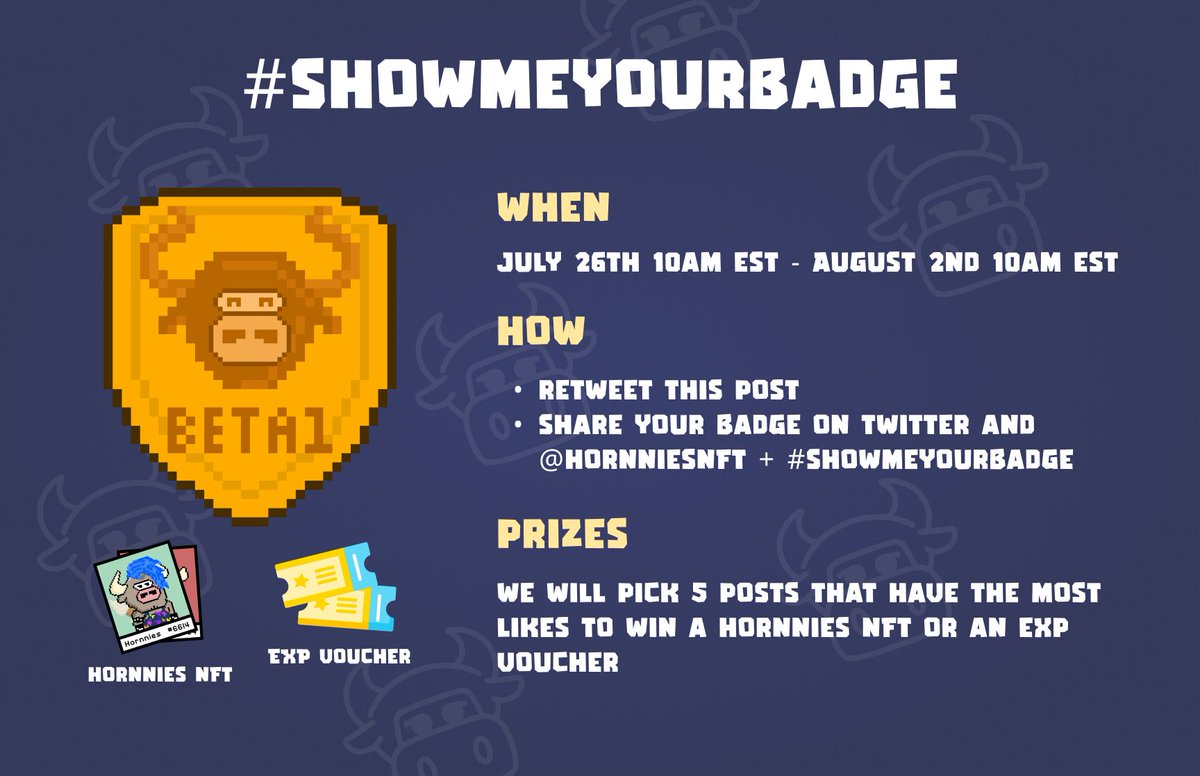 🏆Claim Your Beta1 Badge🏆

If you have ever used our Superbull Beta

You can now claim your Beta1 Badge here: badge-claimage.superbull.io/en/

To win the #showmeyourbadge prizes 

Just:
1⃣ RT this post 
2⃣Tweet your badge and @hornniesnft +#showmeyourbadge

#cardano #cnft #superbull
