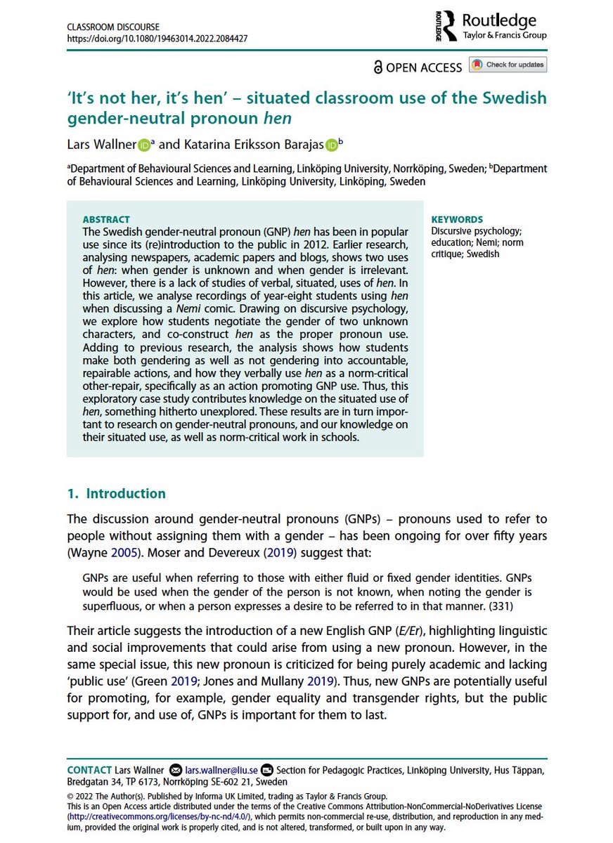 Classroom Discourse (@classdisc) on Twitter photo Open access! âItâs not her, itâs henâ â situated classroom use of the #Swedish #gender-neutral pronoun hen, by Lars Wallner & Katarina Eriksson Barajas @LarsWallner <a href="/CappuccinoBok/">Katarina E Barajas</a> tandfonline.com/doi/full/10.10⊠Open access! âItâs not her, itâs henâ â situated classroom use of the #Swedish #gender-neutral pronoun hen, by Lars Wallner & Katarina Eriksson Barajas @LarsWallner <a href="/CappuccinoBok/">Katarina E Barajas</a> tandfonline.com/doi/full/10.10âŠ