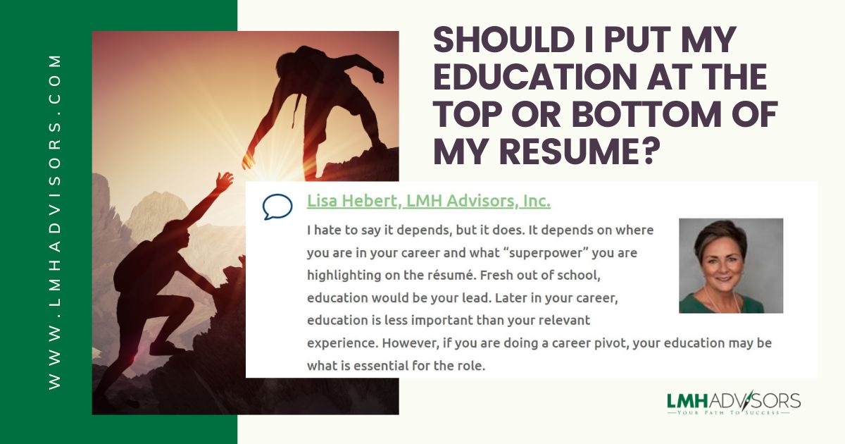 LMHAdvisors's tweet photo. The National Resume Writers Association, of which I'm a member, publishes wonderful career and job-search advice through "Ask The Experts." 

Here's my response that was published regarding how education should appear on a resume.

Questions? Let me know! 

#resumetips #jobsearch https://t.co/sZk5paQRbg