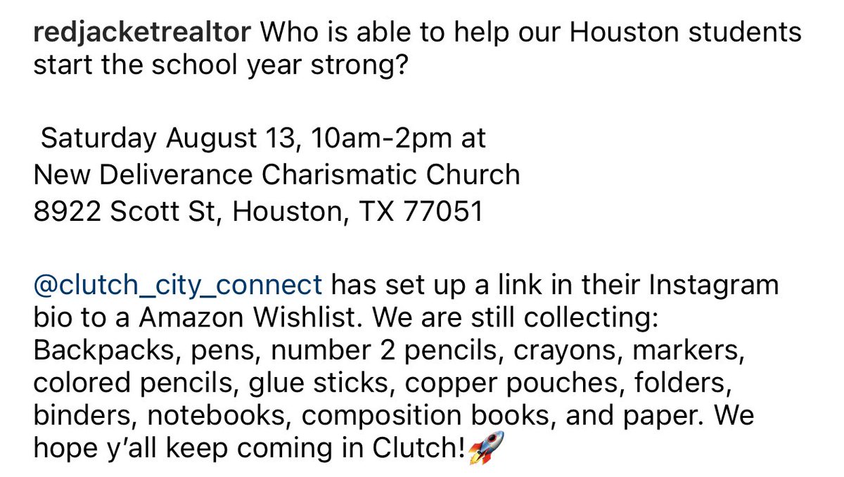 Who is able to help our Houston students start the school year strong?

Thank you and God Bless!
#ClutchCity #HoustonStrong #SchoolDrive #HTown #Houston #Sunnyside