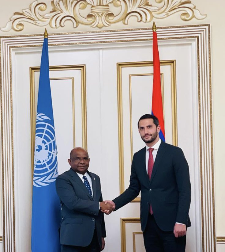 UN_PGA's tweet photo. Pleasure to meet with Mr.  @RubenRubinyan, Acting President of the Armenian National Assembly. 

Spoke on:
👉🇦🇲🇺🇳 ties
👉role of parliaments in strengthening multilateralism 
👉ensuring that multilateral systems work for &amp; with youth 
👉need for women at decision-making tables https://t.co/yusFQCWVsW