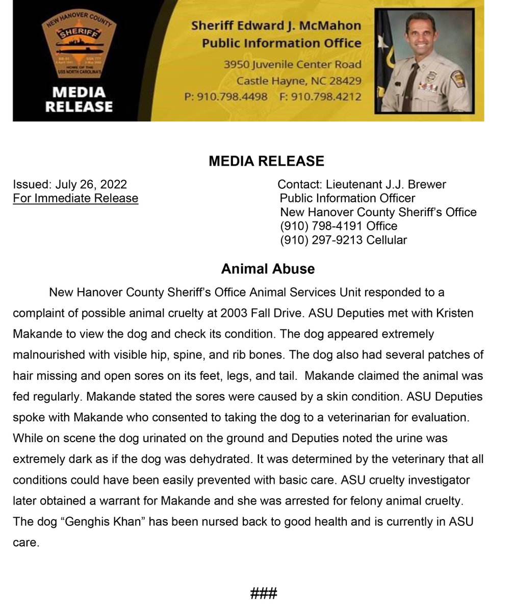 NewHanoverSO's tweet photo. Felony Animal Cruelty Arrest! https://t.co/00LZwCJ0JD