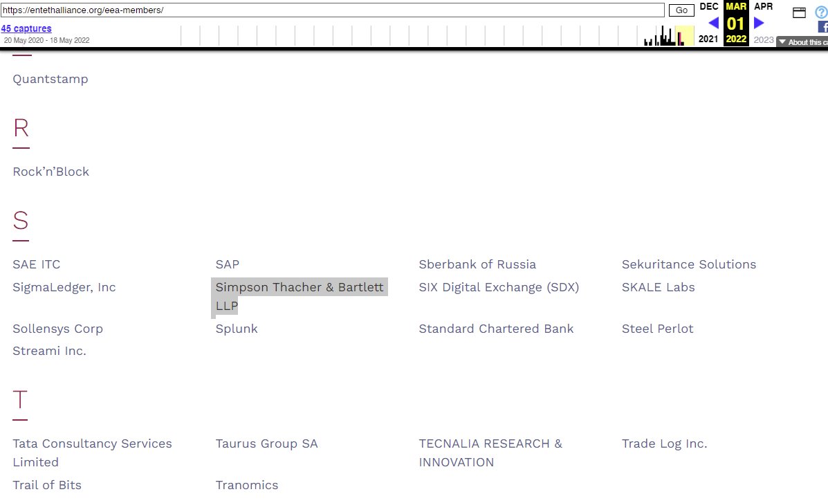 Leerzeit's tweet image. BOMBSHELL!💥 Simpson Thacher left the Enterprise Ethereum Alliance sometime between May 2022 and today and is now no longer a member of the EEA! What could possibly be the reason for this? Did they perhaps believe @JohnEDeaton1 EEA conspiracy theory? Or part of the cover-up? 👀