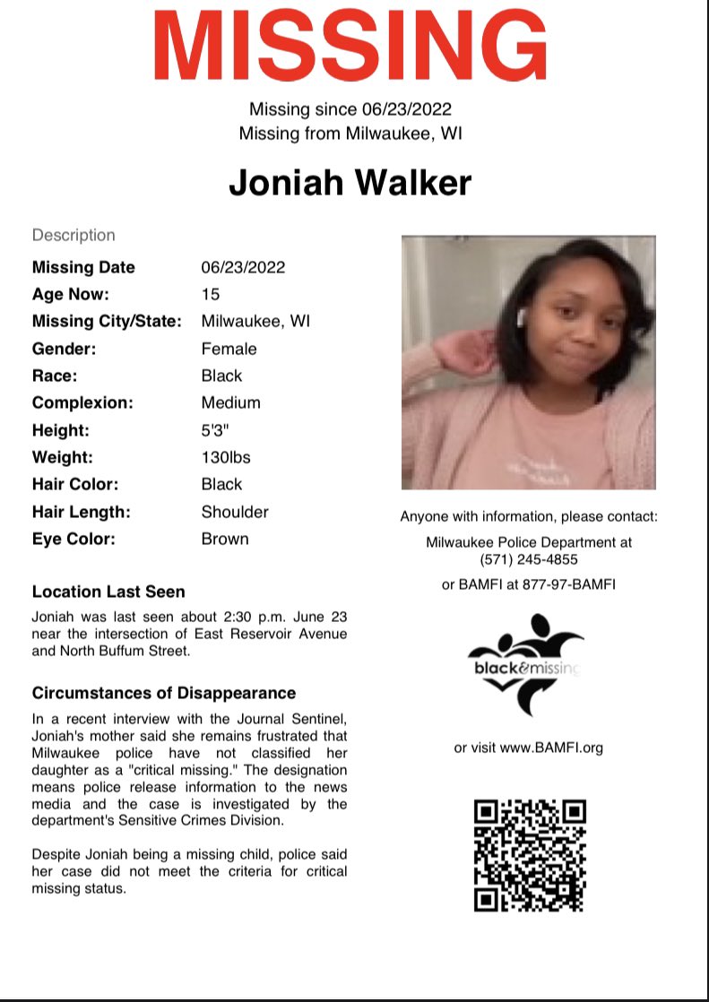 Blk & Missing FDN on Twitter "Milwaukee, WI 15y/o Joniah Walker was