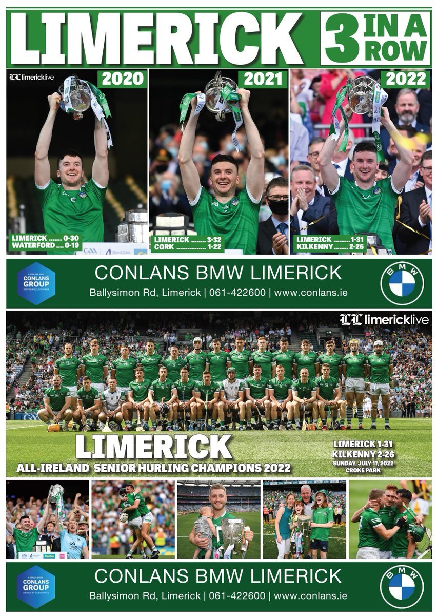 Limerick_Leader's tweet photo. Don't forget we have a special supplement and a FREE glossy poster featuring the All-Ireland winning @LimerickCLG hurlers in this week's Limerick Leader 📰On sale first thing tomorrow! #Luimneachabu #threeinarow #onecountyonepaper https://t.co/Bze0Ys6DiF