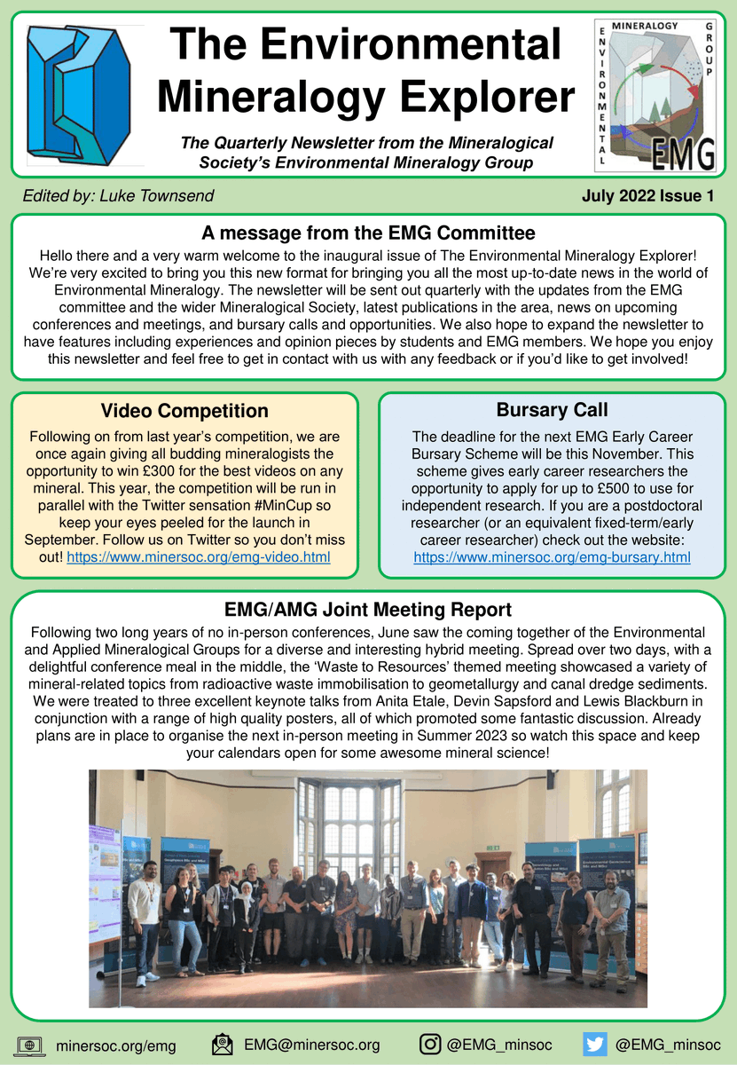 EMG_minsoc's tweet photo. We are excited to launch the Environmental Mineralogy Explorer, our new quarterly newsletter to share news about the field. Hope you enjoy @MinSoc_UK @MineralCup https://t.co/8kcYN70Z24