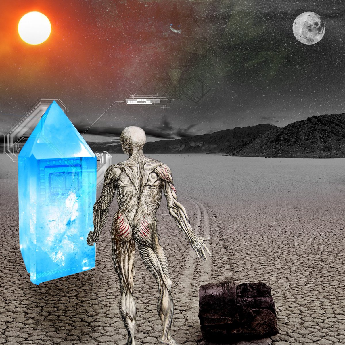 LiquidPhaseNFT's tweet photo. Man without skin attempts to explain to a sentient crystal computer how a rock moves on its own through the desert.

Artist: Me https://t.co/qPm3eRoPlu