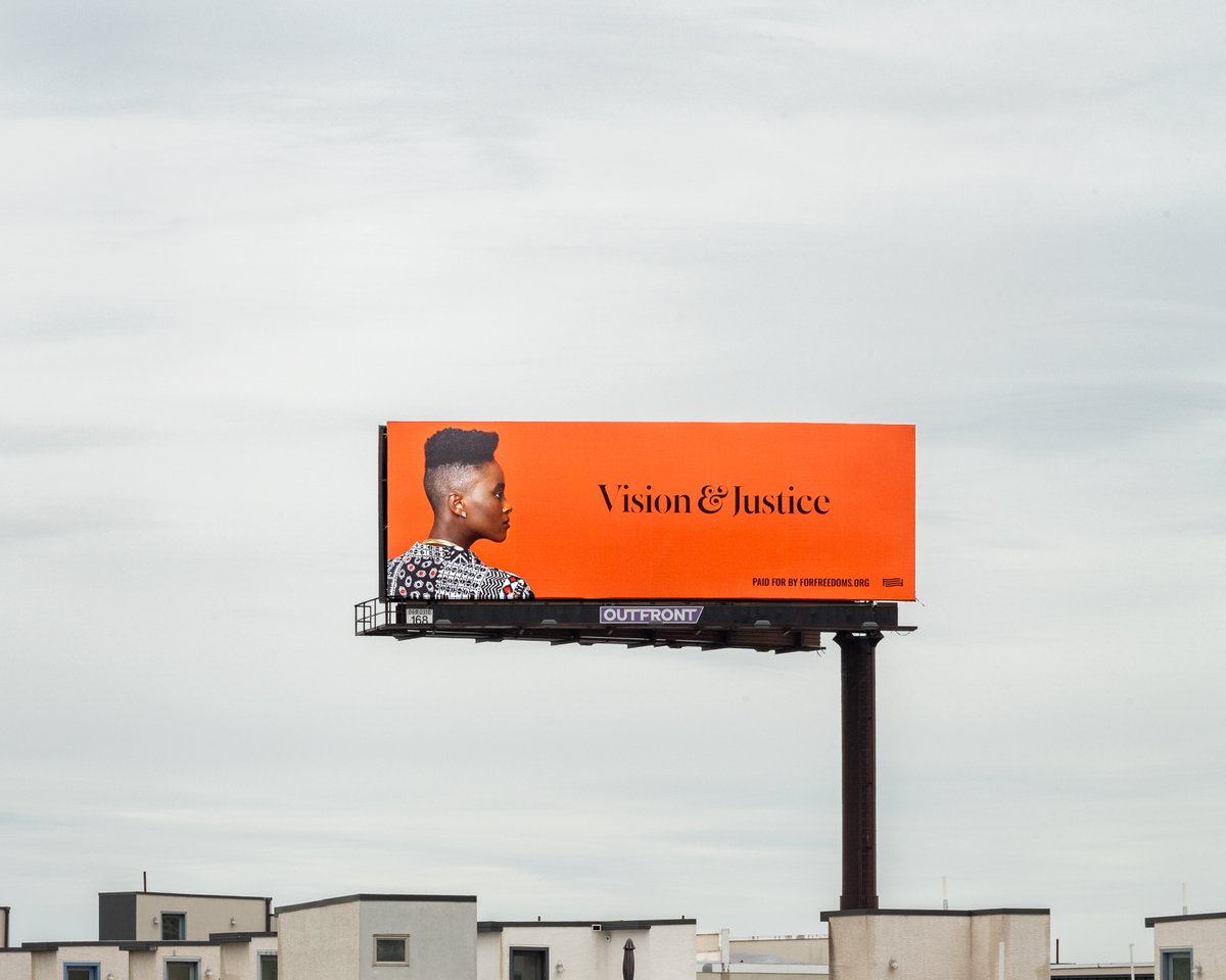 forfreedoms's tweet photo. American citizenship has long been a project of vision and justice. 

Billboard by @sarahelizalewis, founder of @visionjustice, installed in Philadelphia, PA for #AnotherJustice: By Any Medium Necessary. Learn more at https://t.co/56RJ1TNnon https://t.co/l0ZI3MiX5B