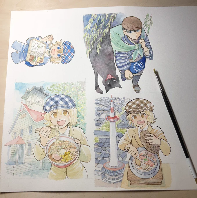 カラーイラストは紙をケチって一枚に詰めるだけ詰めて描いている まだいける 