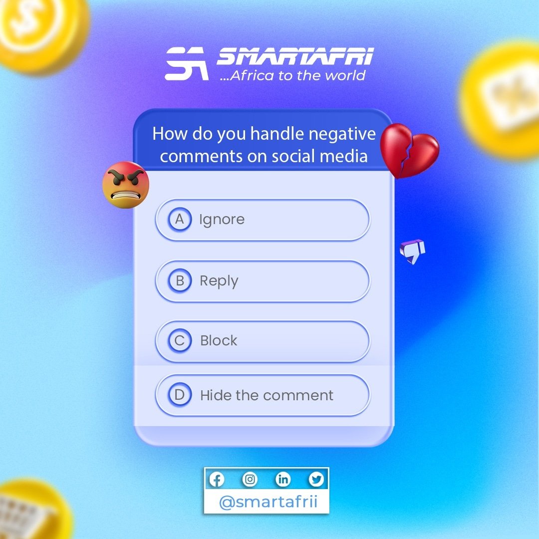 smart_afri's tweet photo. Which would be your go to? Especially as a business owner! How do you handle negative comments on your social media?
. Let's talk in the comments...

#smartafri #interactions #africanentrepreneurs #africanbusiness #globalreach #purelyafrican https://t.co/e9Ul60y2jJ