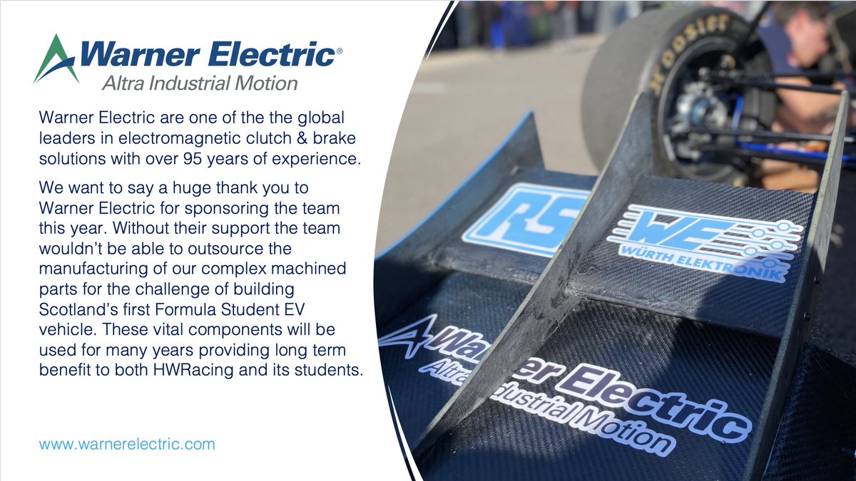 We want to say a huge thank you to <a href="/warnerelectric_/">Warner Electric</a>  for sponsoring the team this year! Without their support the team wouldn’t be able to outsource the manufacturing of our complex machined parts for the challenge of building Scotland’s first Formula Student EV vehicle.