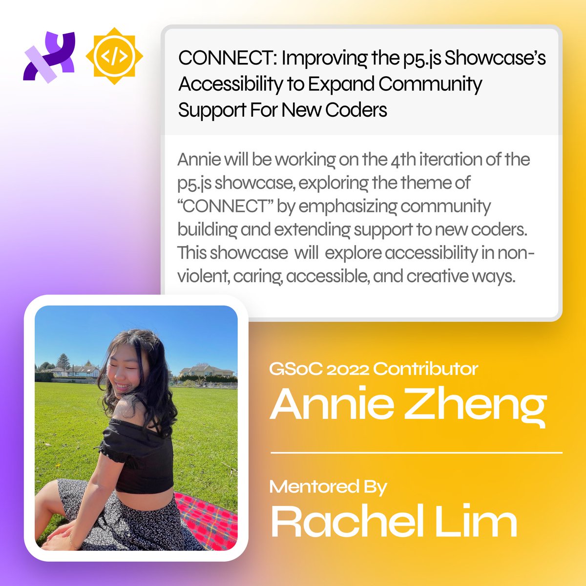 ProcessingOrg's tweet photo. The fourth #gsoc2022 contributor we highlight is Annie Zheng - https://t.co/egJnoO7vZw, who is working on the 4th interaction of the @p5xjs showcase, “CONNECT”. They are being mentored by Rachel Lim, https://t.co/ARyBIZFT5g https://t.co/IYG9dMrfHK