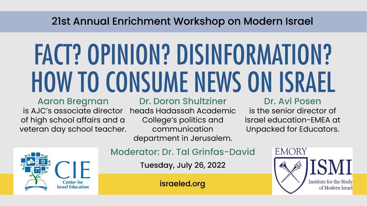Center for Israel Education (@israeleddotorg) on Twitter photo We're about 10 minutes from the start of the first session of the final day of #CIEworkshop2022, a panel discussion on critically consuming info about #Israel with <a href="/UnpackedED/">Unpacked for Educators</a>'s Avi Posen, <a href="/AJCGlobal/">American Jewish Committee</a>'s Aaron Bregman, Professor Doron Shultziner and our own VP Tal Grinfas-David. We're about 10 minutes from the start of the first session of the final day of #CIEworkshop2022, a panel discussion on critically consuming info about #Israel with <a href="/UnpackedED/">Unpacked for Educators</a>'s Avi Posen, <a href="/AJCGlobal/">American Jewish Committee</a>'s Aaron Bregman, Professor Doron Shultziner and our own VP Tal Grinfas-David.
